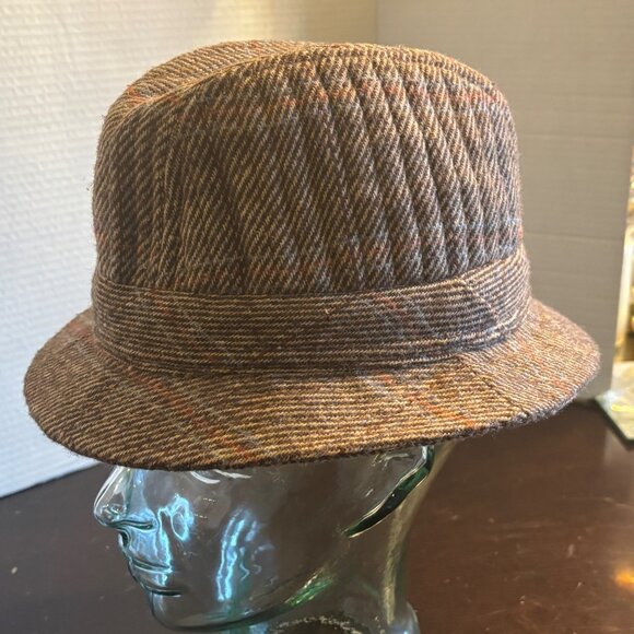 Vtg Large Brown Tweed Fedora Hat With Plaid Accent & Quilted Lining Wool Blend - Picture 2 of 7